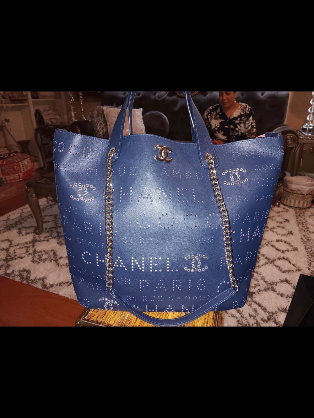CHANEL Blue Perforated Logo Chain-Handle Tote